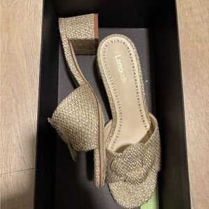 Larroude Flora Mule Kitten Heels in Gold Metallic Raffia Size 6.5